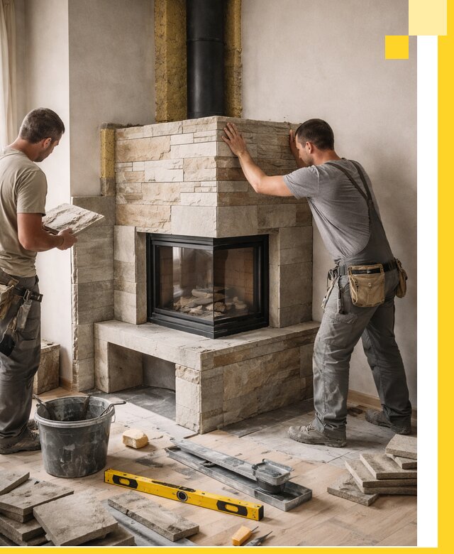 Угловые камины под ключ проект, монтаж и отделка в Щёлкове